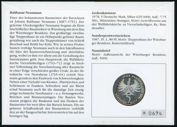 BRD 1978/1987 Numisbrief Balthasar Neumann
