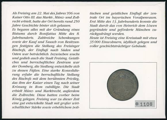 BRD 1984/1996 Numisbrief 1000 Jahre Marktrecht Freising