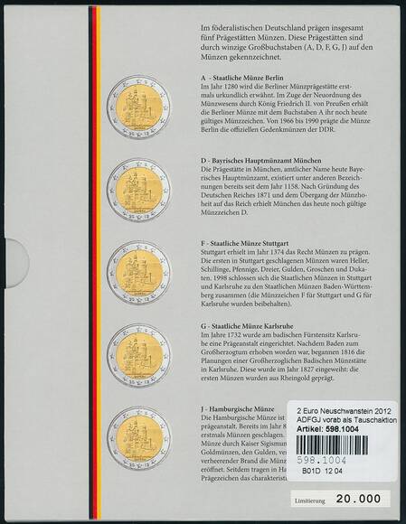 BRD 2012 Serie Bundesländer Bayern 5 x 2 Euro