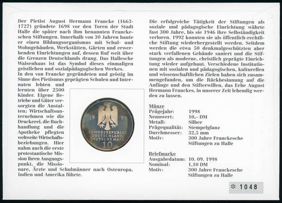BRD 1998/1998 Numisbrief "300 Jahre Frankesche Stiftung zu Halle"
