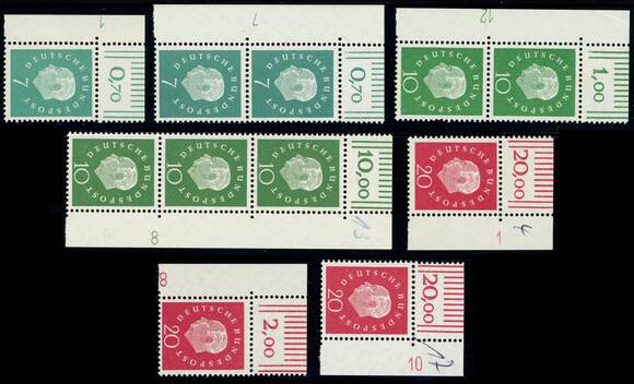 BRD 1959, MiNr. 302-304 DZ Lot mit 7 Druckerzeichen