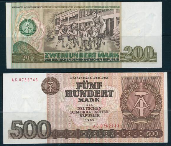 DDR 1985 nicht ausgegebene Banknoten zu 200 und 500 Mark