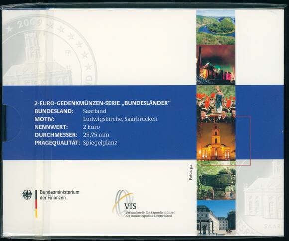 BRD 2009 Serie Bundesländer Saarland 5 x 2 Euro PP