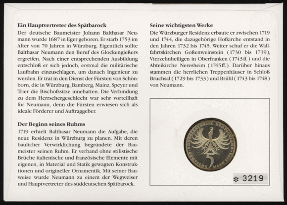 BRD 1978/1993 Numisbrief "Balthasar Neumann 1687-1753"