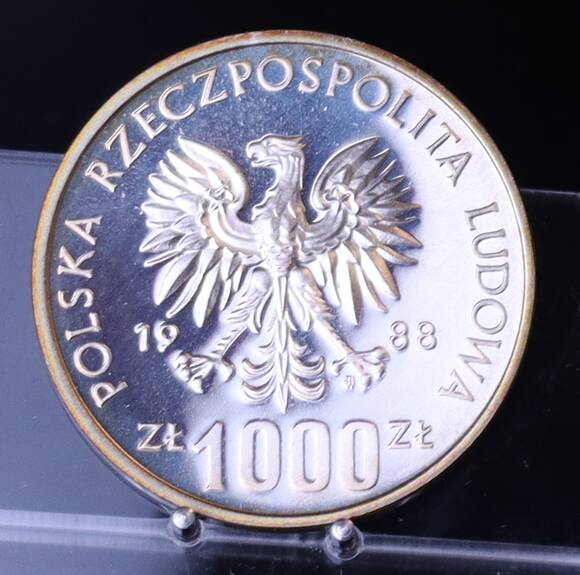 POLEN 1000 Zloty Silber 1988 Fußball-WM 1990 PROBE