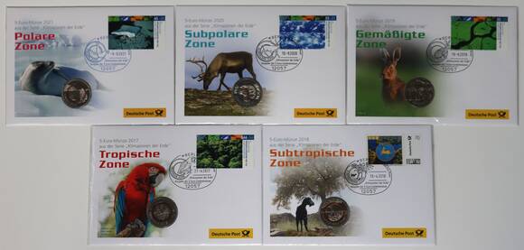 BRD 2017-2021 Lot mit 5 Numisbriefen zu 5 Euro Klimazonen der Erde