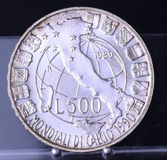 ITALIEN 500 Lire Silber 1989 Fußball-WM 1990 in Italien