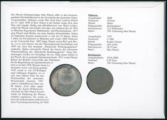 BRD 1957/2008 Numisbrief Max Planck