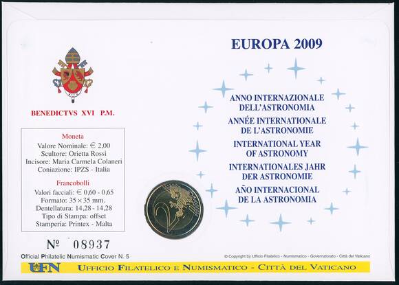 VATIKAN 2 Euro 2009 Astronomie im Numisbrief