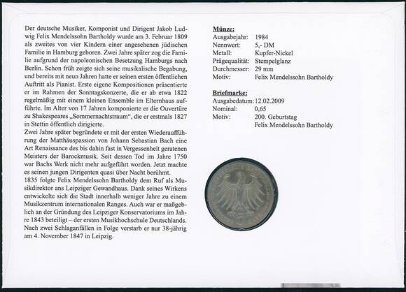 BRD 1984/2009 Numisbrief Felix Mendelssohn Bartholdy