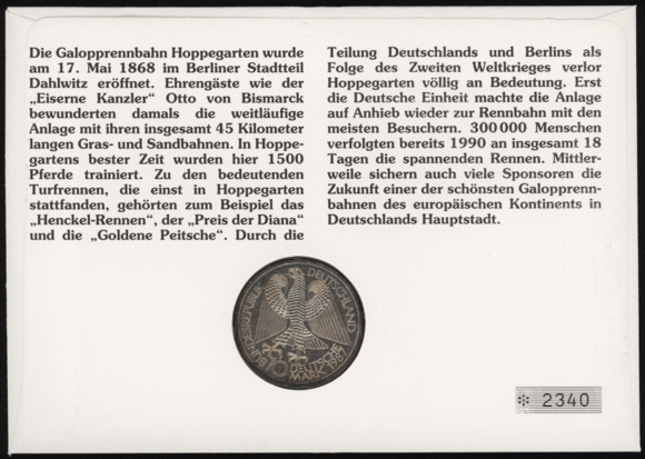 BRD 1987/1993 Numisbrief "125 Galopprennbahn Hoppegarten"