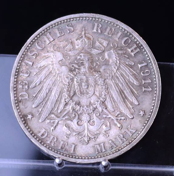 WÜRTTEMBERG 3 Mark 1911 F, Silberhochzeit, Jaeger 177a