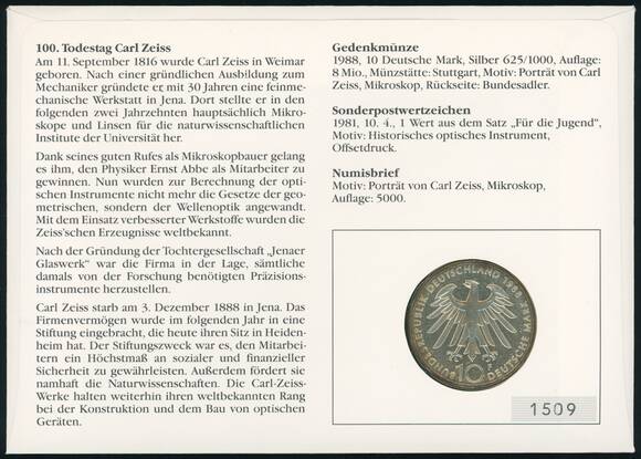 BRD 1988/1988 Numisbrief "100. Todestag Carl Zeiss"