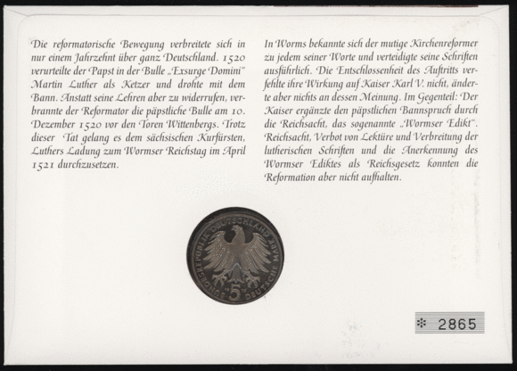 BRD 1983/1995 Numisbrief "500 Jahre Wormser Reichstag"