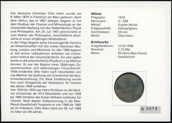 BRD 1979/1998 Numisbrief "30. Todestag Otto Hahn"