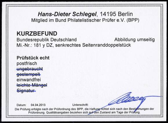 BRD 1960, Heuss lumogen, MiNr. 181 y W DZ Druckerzeichen "8" positiv