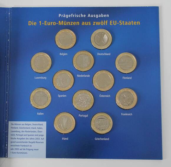 DER EURO 2003, Folder der Deutschen Post mit 12mal 1 Euro