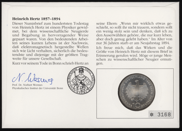 BRD 1989/1994 Numisbrief "Prof. Dr. Heinrich Hertz"