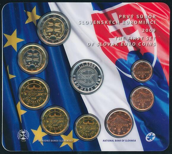 SLOWAKEI 2009 amtlicher Euro-Kursmünzsatz mit Sterlingsilber-Medaille