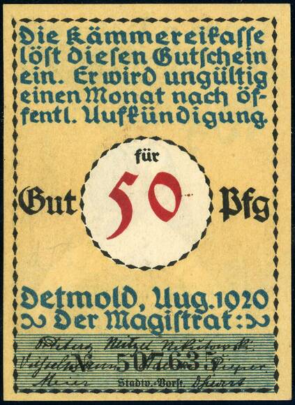Detmold 1920 seltenes Wasserzeichen 268.4 50 Pfg.