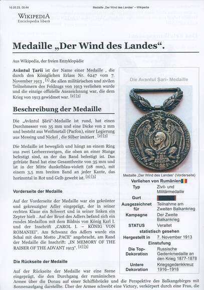 RUMÄNIEN 1913 Kriegs-Teilnehmer-Medaille Avantul Tarii