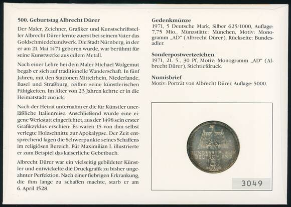 BRD 1971/1988 Numisbrief 500. Geburtstag Albrecht Dürer