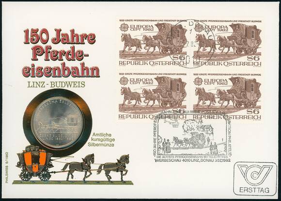 CSSR/ÖSTERREICH 1982/1982 Numisbrief 150 Jahre Pferde-Eisenbahn Linz-Budweis