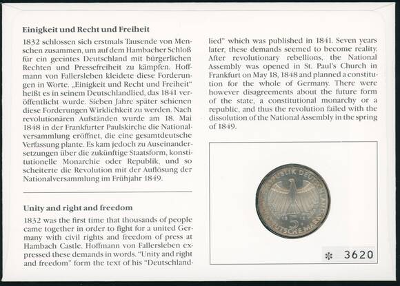 BRD 1973/1991 Numisbrief 150 Jahre Deutschlandlied