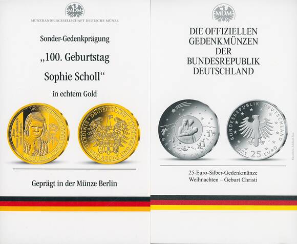 BRD 2021 5 x 20 Euro und 1 x 25 Euro komplett im Steckfolder mit Gold-Gedenkprägung