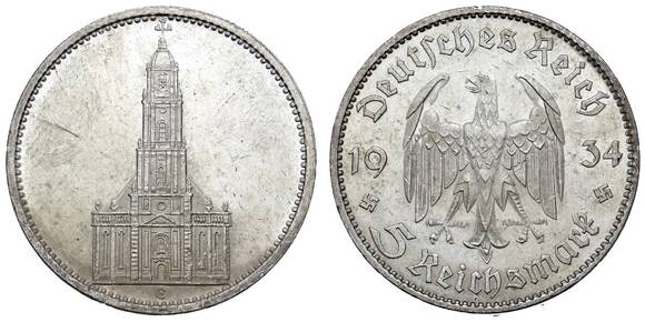 DRITTES REICH 5 Reichsmark Garnisonkirche ohne Datum 1934-1935 Jaeger 357
