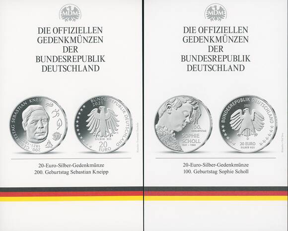 BRD 2021 5 x 20 Euro und 1 x 25 Euro komplett im Steckfolder mit Gold-Gedenkprägung