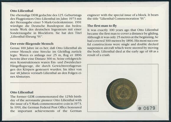 DDR/BRD 1973/1991 Numisbrief Otto Lilienthal