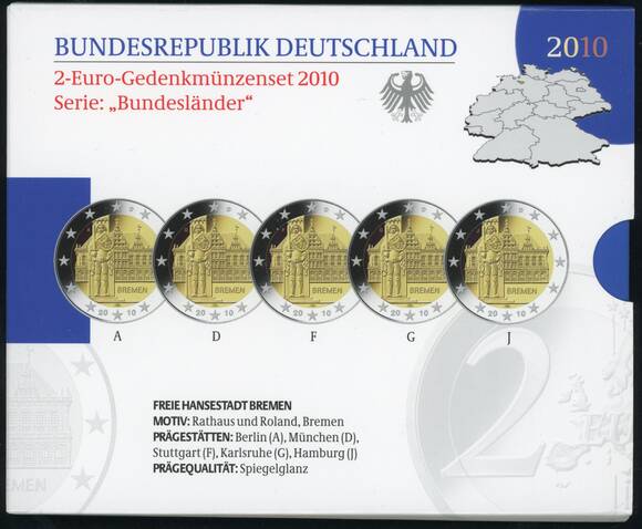 BRD 2010 Serie Bundesländer Bremen 5 x 2 Euro PP