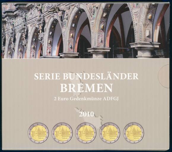 BRD 2010 Serie Bundesländer Bremen 5 x 2 Euro Set mit Gold-Medaille