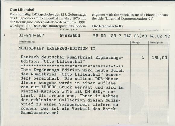 DDR/BRD 1973/1991 Numisbrief Otto Lilienthal