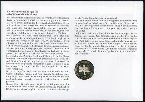 BRD 1991 Numisbrief 200 Jahre Brandenburger Tor