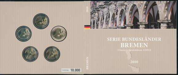 BRD 2010 Serie Bundesländer Bremen 5 x 2 Euro Set mit Gold-Medaille