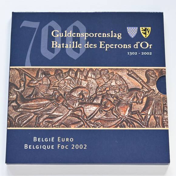 BELGIEN 2002 amtlicher Kursmünzsatz 700 Jahre Sporenschlacht, Schuber in II. Wahl