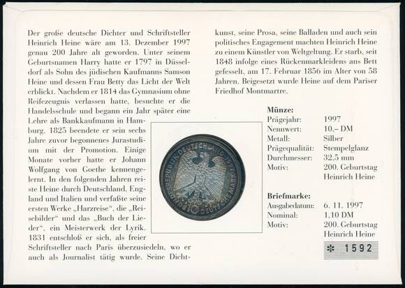 BRD 1997/1997 Numisbrief "200. Geburtstag Heinrich Heine"