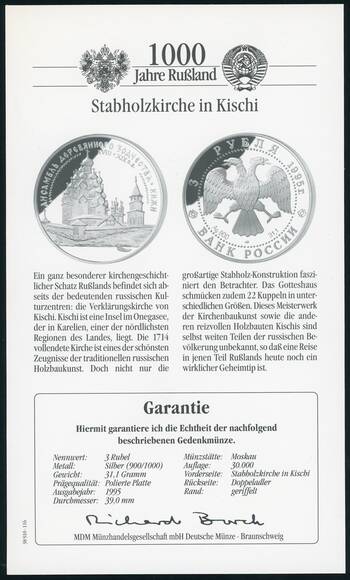 RUSSLAND 3 Rubel Silber 1995 Holzkirche in Kischi