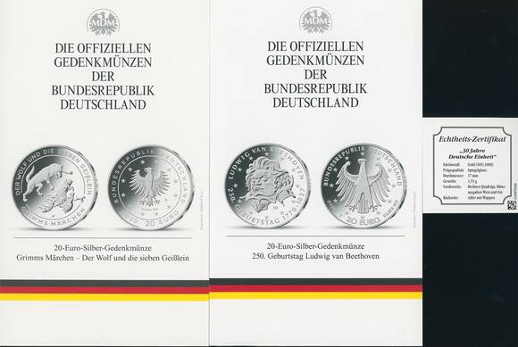 BRD 2020 4 x 20 Euro Jahrgang komplett im Steckfolder mit Gold-Gedenkprägung