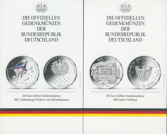 BRD 2020 4 x 20 Euro Jahrgang komplett im Steckfolder mit Gold-Gedenkprägung