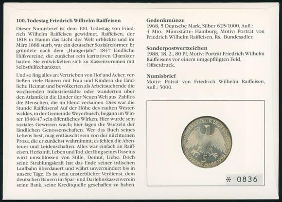 BRD 1968/1988 Numisbrief 100. Todestag Friedrich Wilhelm Raiffeisen