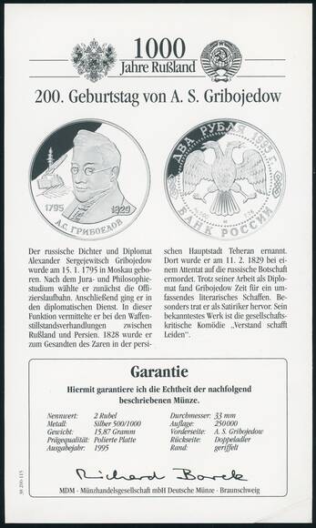 RUSSLAND 2 Rubel Silber 1995 Aleksandr Griboedov