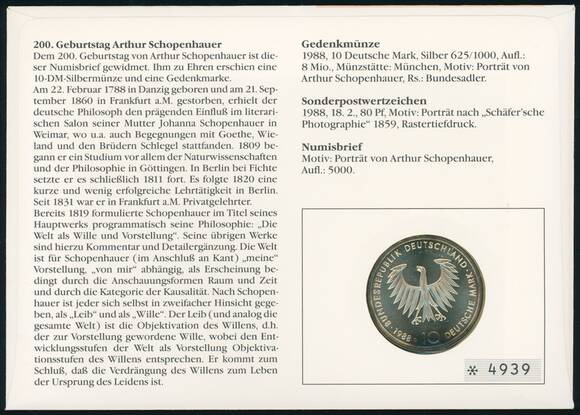 BRD 1988/1988 Numisbrief Arthur Schopenhauer