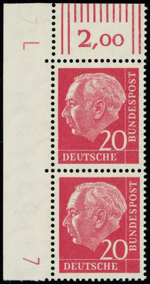 BRD 1960 Heuss lumogen MiNr. 185 y W DZ Druckerzeichen "7" positiv und "L"