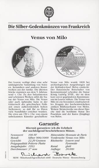 FRANKREICH 100 Francs 1993 Venus von Milo