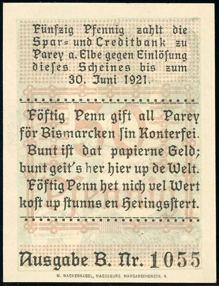 Parey a. d. Elbe 1921 Spar- und Creditbank 1047.1 b) 50 Pfg.