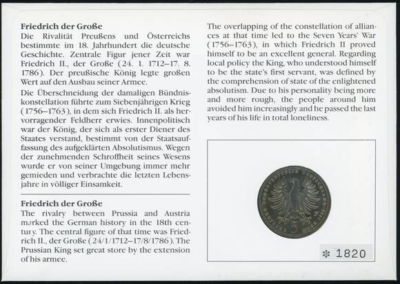 BRD 1986/1989 Numisbrief "200. Todestag Friedrich der Große"