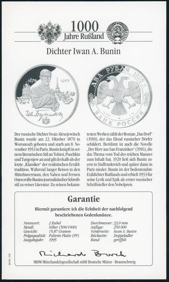 RUSSLAND 2 Rubel Silber 1995 A. Bunin